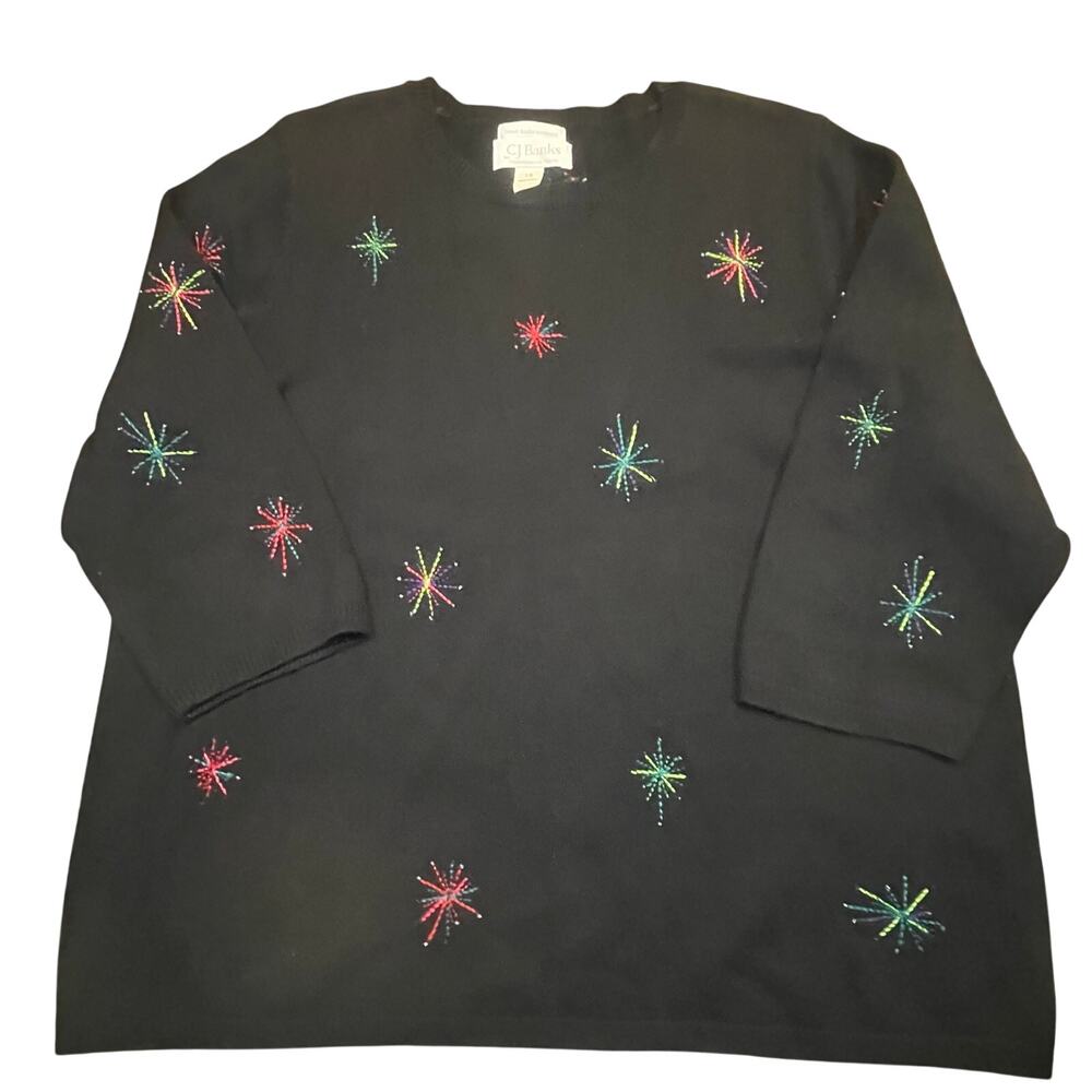 CJ Banks Hand Embroidered Sweater 1X Black Beaded Firework‎ Starburst 4th July
